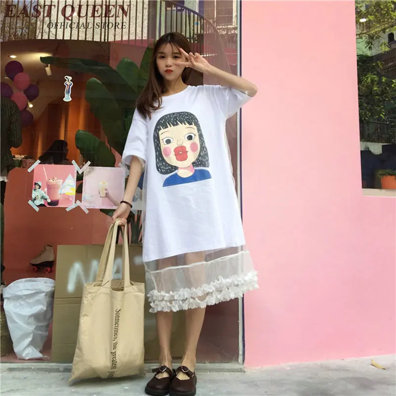 Sommer kleid kawaii gesicht print kurzarm frauen kleid sommer 2018 rundhals patchwork spitze t-shirt kleid NN0591 YQ