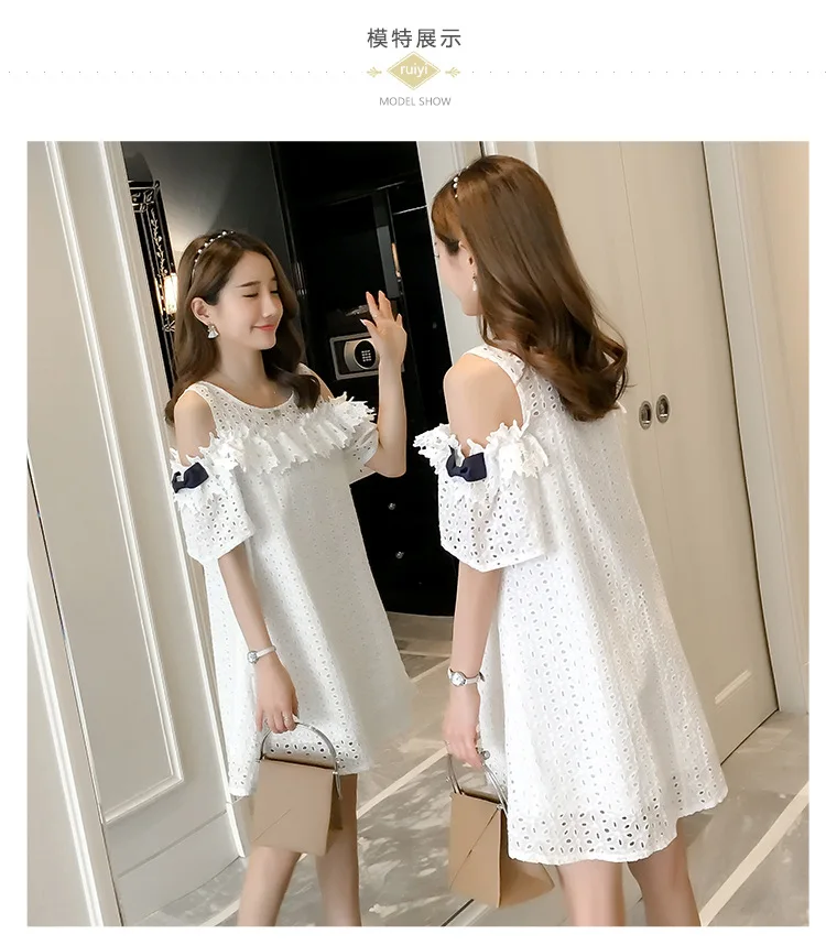 Maternity wear summer maternity fashion off-the-shoulder loose hollow-out lace hook flower hollow cotton A word maternity dress