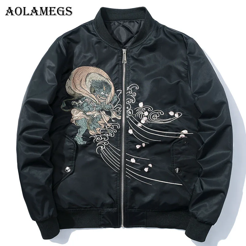 Aolamegs Jackets Men Japanese Embroidery MA1 Jacket Tracksuit Coats Hip Hop Stand Collar Casual Cozy Male Windbreaker Streetwear