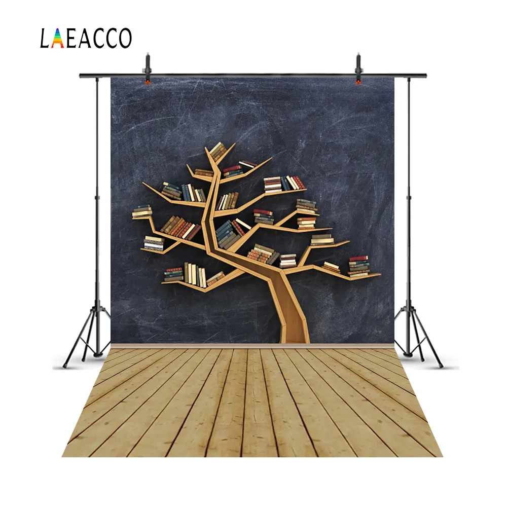 

Laeacco Photography Backgrounds Tree Shape Bookshelf Blackboard Wooden Floor Student Portrait Photographic Backdrop Photo Studio