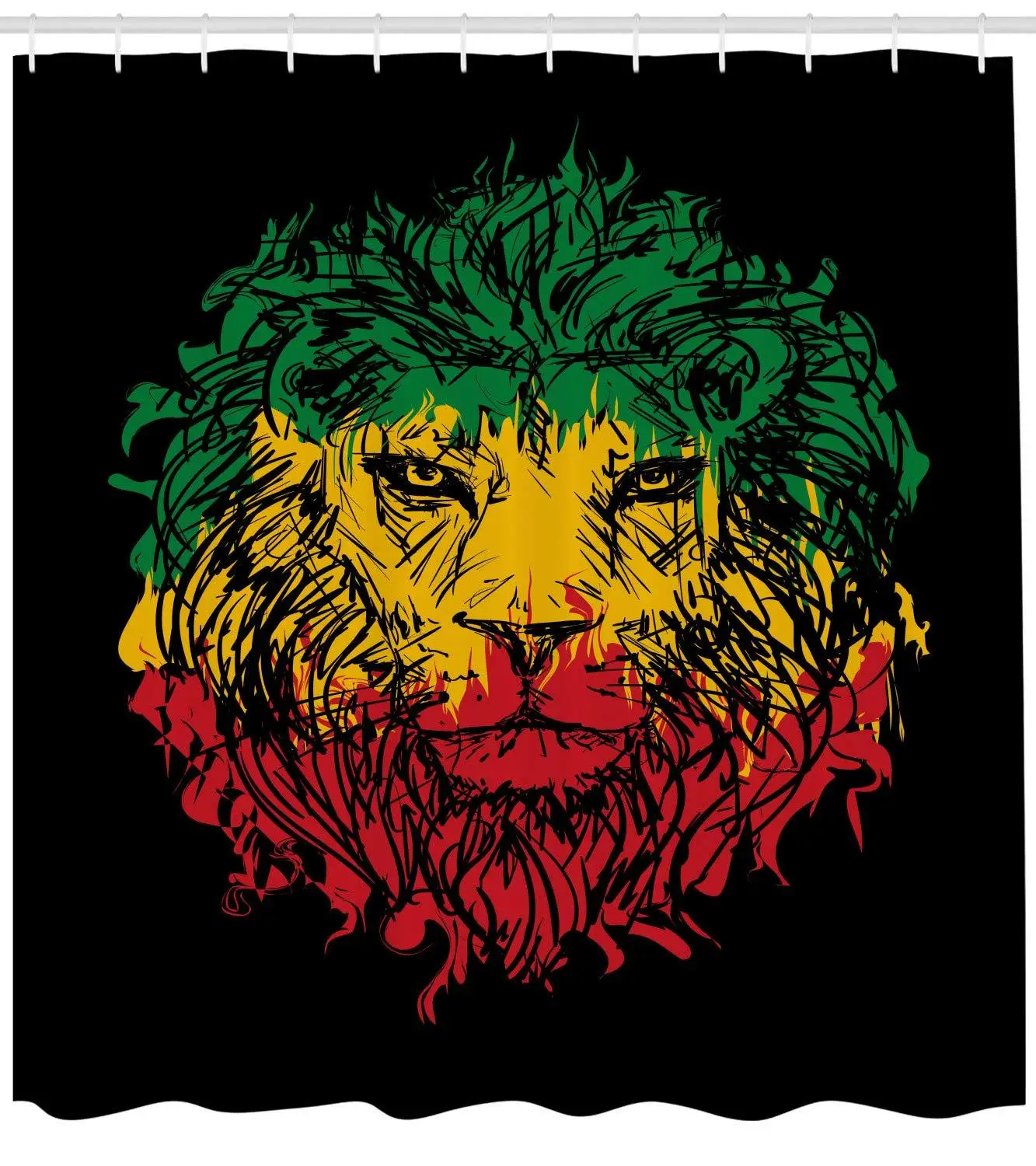 Ethiopian Flag Colors on Grunge Sketchy Lion Head with Black Backdrop, Fabric Bathroom Decor Set