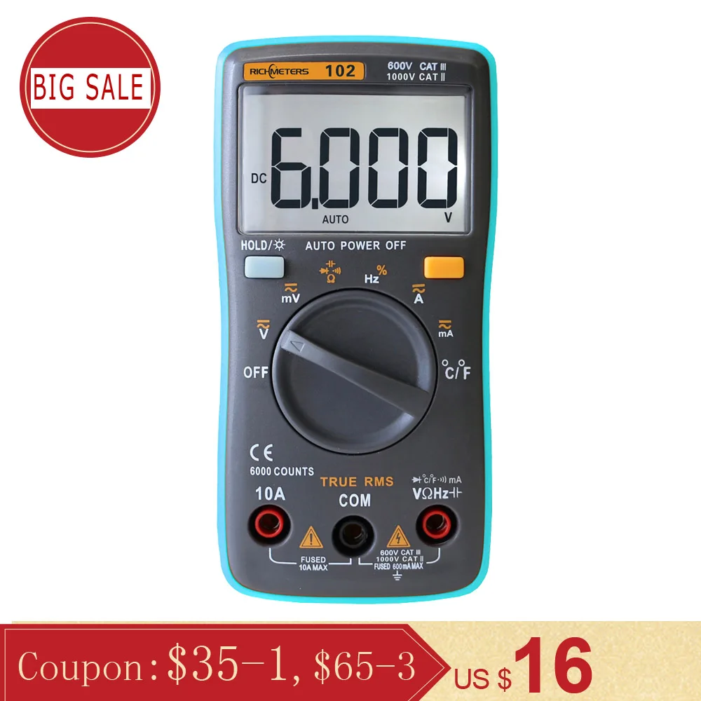 RICHMETERS RM102 Digital Multimeter 6000 Counts DC/AC Ammeter Voltmeter Ohm Resistance Diode CapacitanceTemperature meter