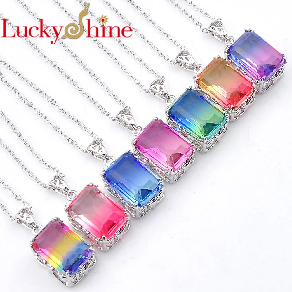 Luckyshine 7 Pcs/Lot Dreamlined Colored  rectangle BI-COLORED Tourmaline Crystal Zircon Silver Fashion Pendant Necklace