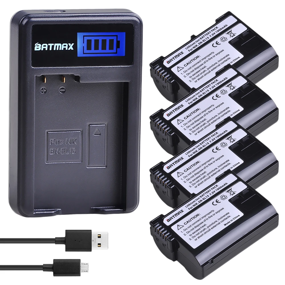 

4x1900mAh EN-EL15 ENEL15 Batteries+LCD USB Charger for Nikon D600 D610 D600E D800 D800E D810 D7000 D7100 d750 D7200,Z6,Z7