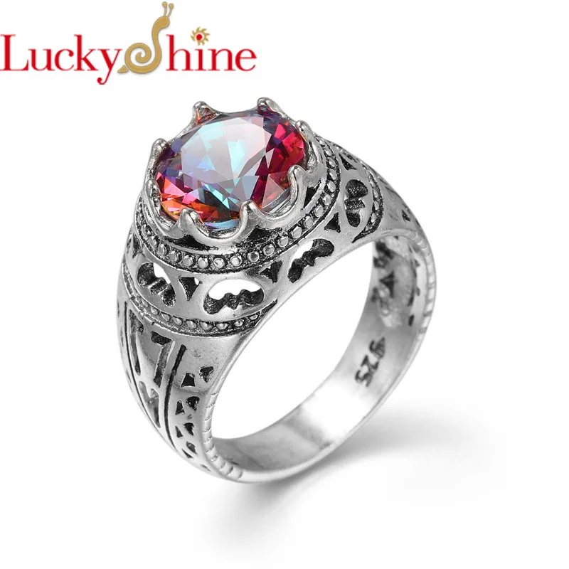 LuckyShine Vintage Round Fire Rainbow Mystic Silver Plated Zircon Rings Holiday Gift Rings