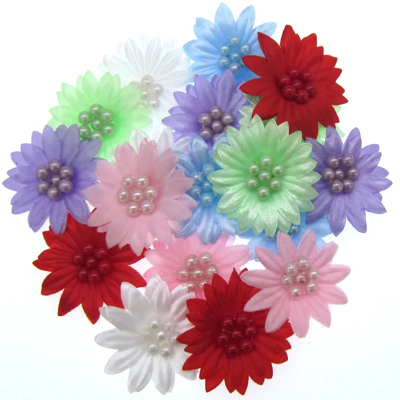 30Pcs Handmad Mixed Fancy 2 Layers Daisy Flower Bead Trim Fabric Flowers Applique For Craft Wedding Sewing accessories 3.2cm