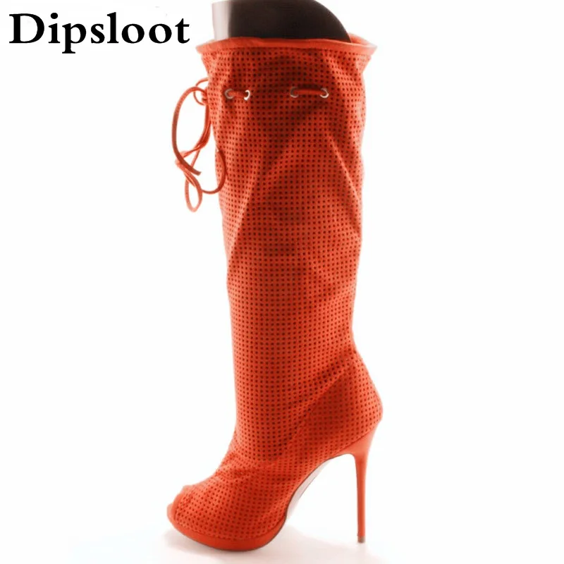 Factory Sexy Small Hole Perforation Fish toe Med Calf Boots Summer Stiletto High Heels Fretwork Bandage Lace up Sandals Botas