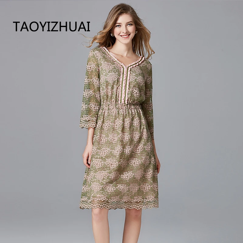 TAOYIZHUAI new summer arrival vintange lace women dress V neck straight big size three quarter elegant party lady dress 14140