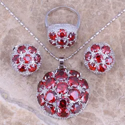 Gracious Red Garnet Silver Plated Jewelry Sets Earrings Pendant Ring Size 6 / 7 / 8 / 9 / 10 / 11 / 12 S0023