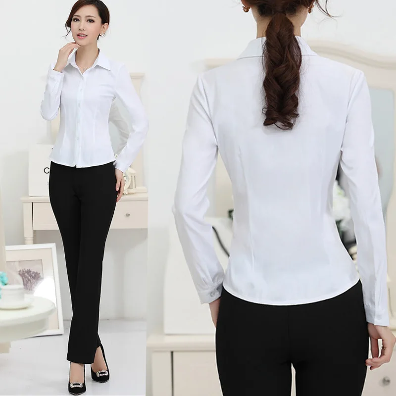 Camisa feminina formal de trabalho lenshin nova moda branca, camiseta elegante de manga comprida justa para mulheres