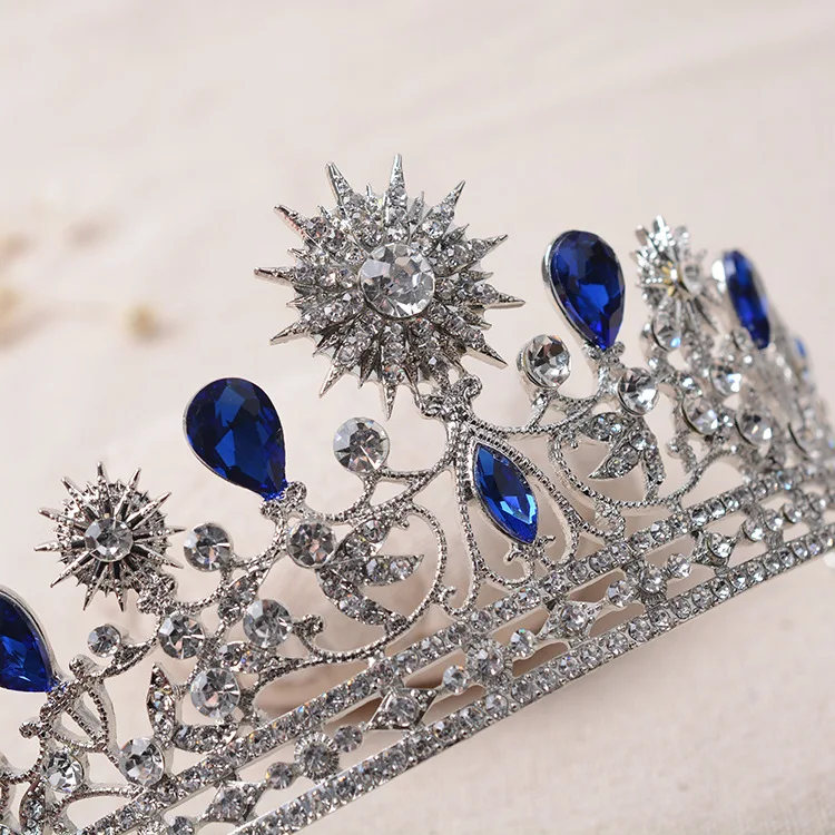 Luxury Elegant Blue Crystal Star Moon Bridal Crown Tiaras Rhinestone Pageant Diadem Veil Tiara Wedding Hair Jewelry Accessories