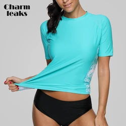 Charmleaks Donne Manica Corta Rashguard Costume Da Bagno Stampa Floreale Corsa e Jogging Camicia Bike Shirt Surf Top Costumi Da Bagno Protezioni UPF 50 +