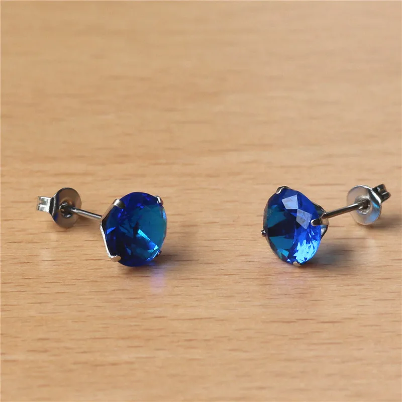 316 L Stainless Steel With 8mm Round AAA New Royal Blue Zircon Stud Earrings For Men And Women 201903011414 - view 4