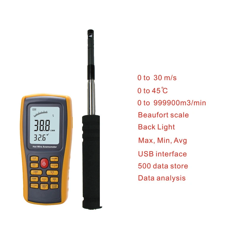 Wind Speed Flow Tester LCD Screen Digital  Portable Hot Wire Anemometer 0~30m/s Air Temperature Meter 0~45 Celsius