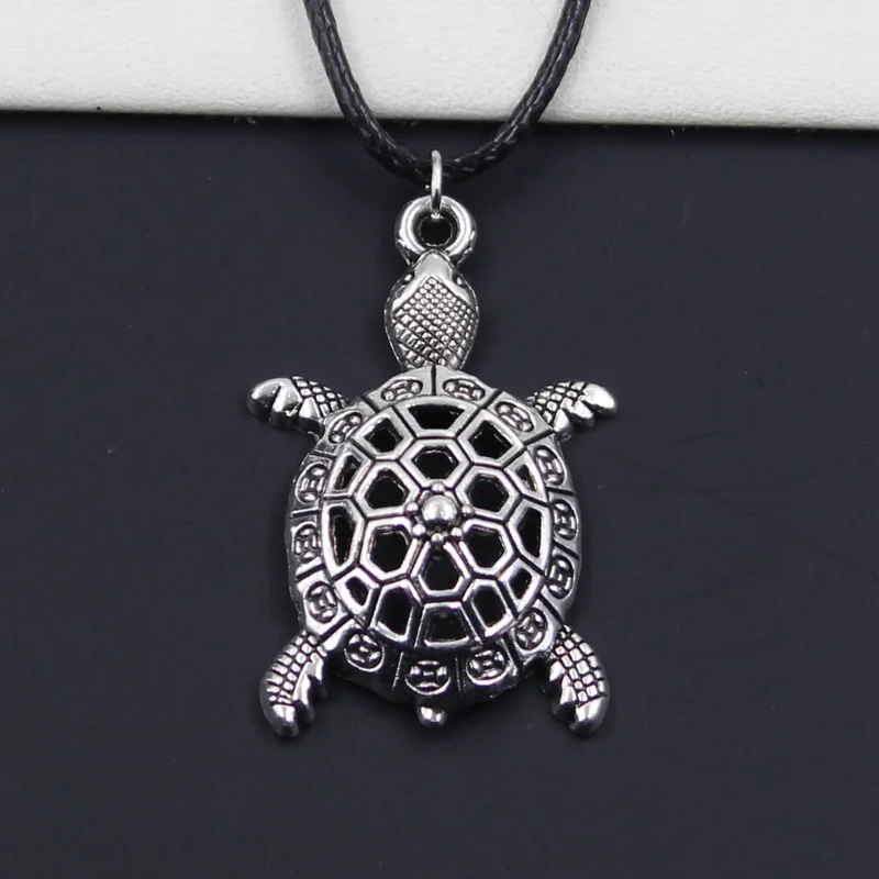 New Durable Black Faux Leather Hollow Tortoise Turtle Sea Pendant Cord Choker DIY Necklace Retro Boho Tibetan Silver Color