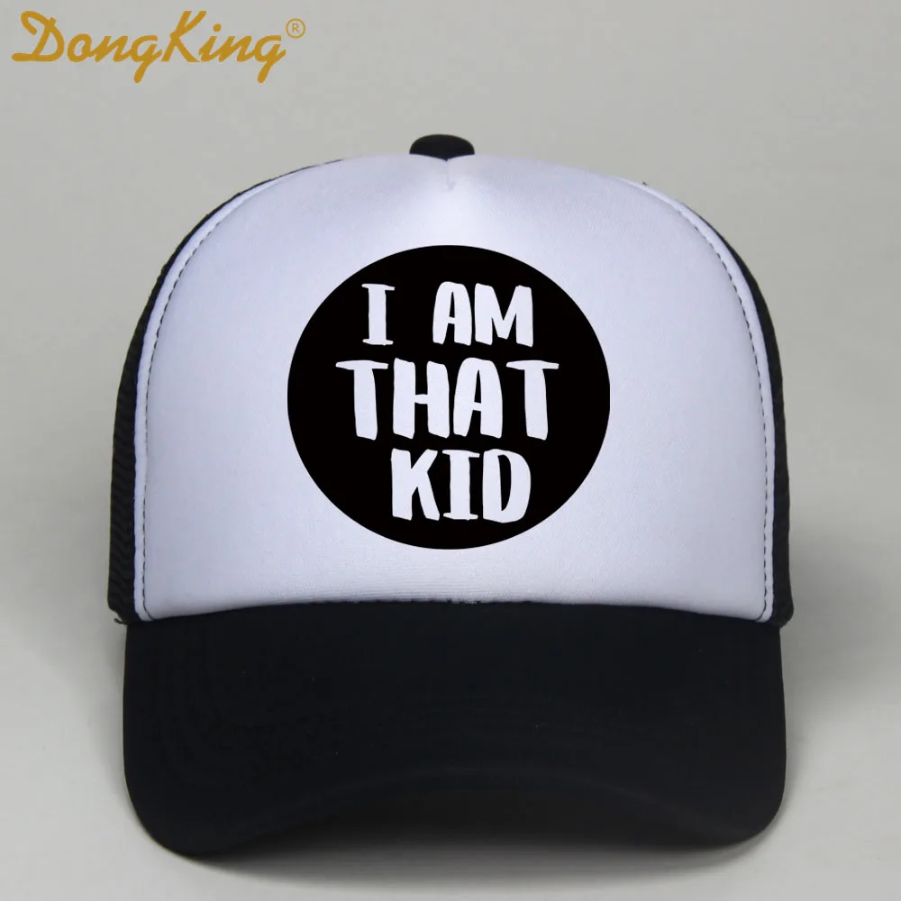 DongKing I AM THAT KID Boy Girls Hats Trucker Snapback Caps New Curved Bill Children Black White Trucker Cap For Kids