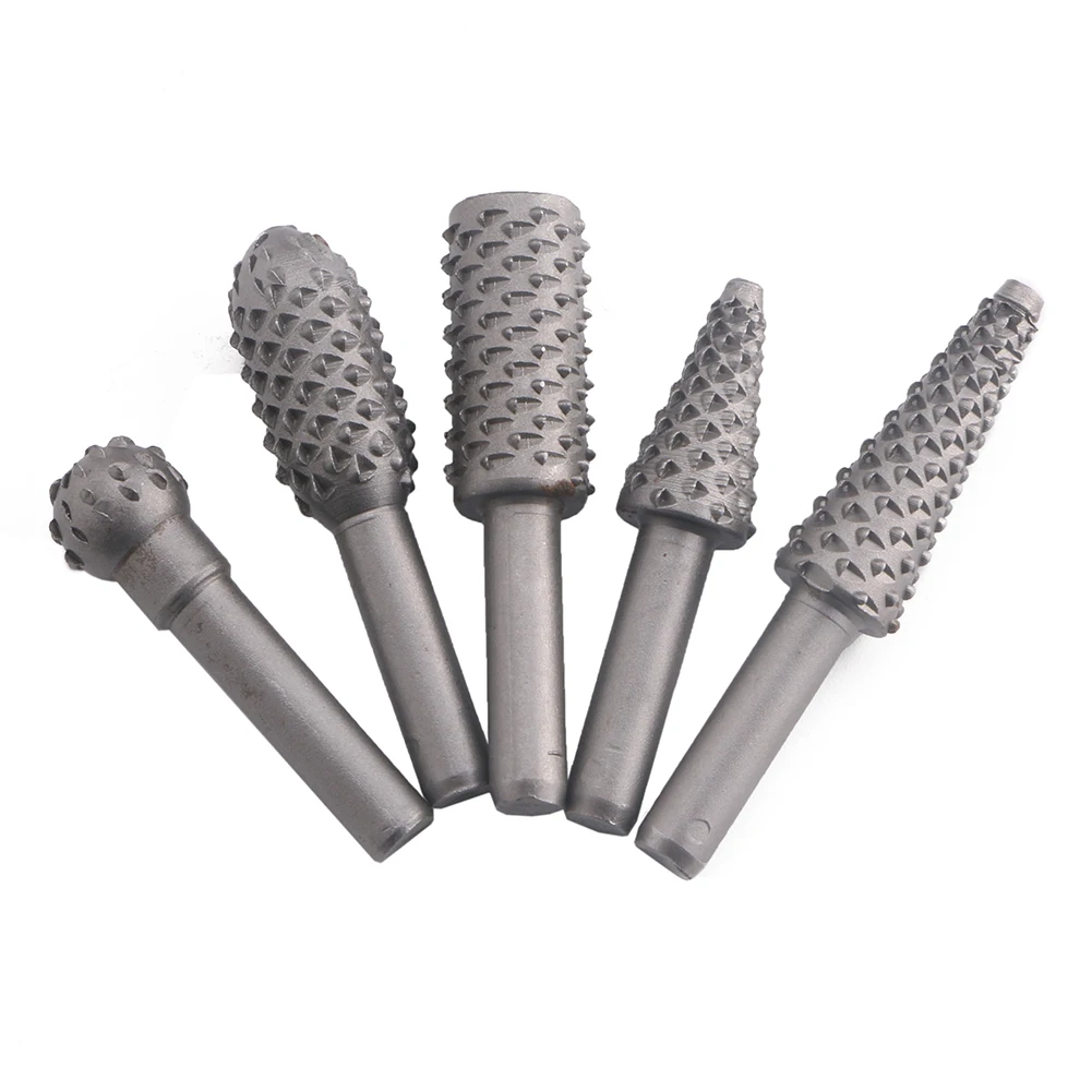 5pcs Woodworking Rotary Burr Wood Carving File Rasp Drill Bit Set 6mm Shank Coarse-toothed