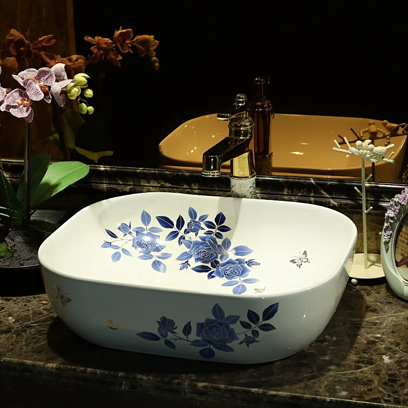 

Porcelain Countertop Lavabo Bathroom Sink ceramic Wash Basin bowl antique blue and white oval