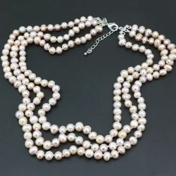 3 Rows Necklace Natural Freshwater Pearl 7-8mm 3 Colors Round Beads For Women Jewelry Fashion Chains Prom Gifts 17-19