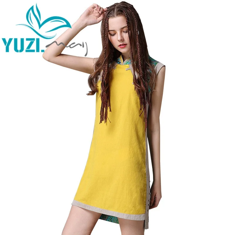 

Summer Dress 2019 Yuzi.may Boho New Cotton Linen Women Dresses Mandarin Collar Sleeveless Cheongsam Vintage Sundress A6011