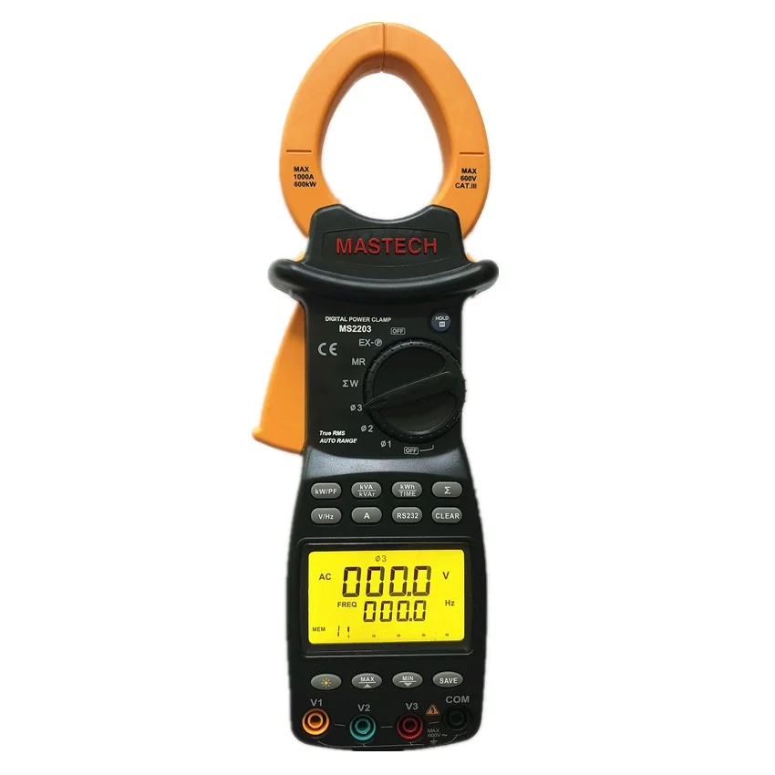 MASTECH-MS2203 Wattmeter ، 3 مراحل ، احترافي ، حساسية عالية ، مشبك ، عامل الطاقة ، تصحيح ، USB ، True-RMS ، 4 أسلاك اختبار