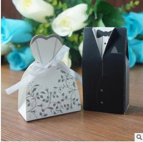 

200Pcs PASAYIONE Bridal And Groom Pattern Wedding Candy Boxes Cute Shape Dress And Suit Shaped Gift Box Casamento Decor Supplies