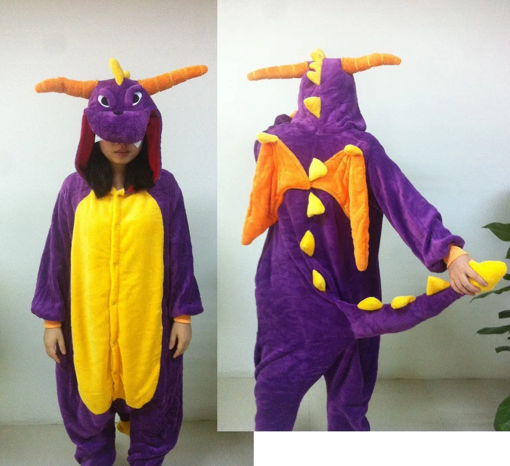 

New Adult Cartoon flannel Lovely Purple Dragon Pyjamas Sleepsuit Sleepwear Onesie Cosplay Costume Animal Halloween Cosplay