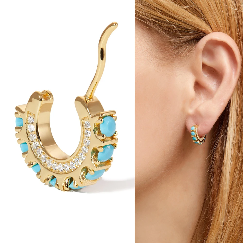 geometric circle hoop earring paved white cz blue turquoises stone fashion european women jewelry