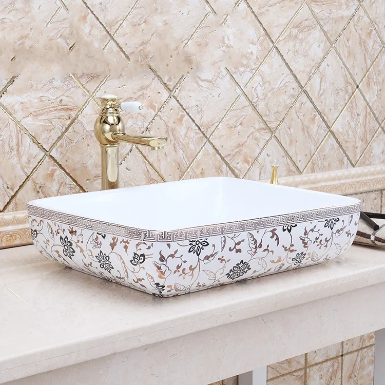 

China Painting gold Ceramic Painting Art Lavabo Bathroom Vessel Sinks Round counter top pottery sink rectangular