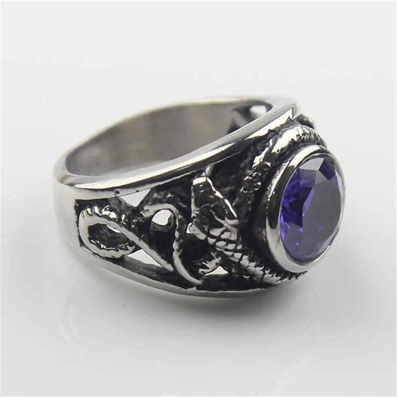 Purple Cz Crystal Gem Snake Fashion Men\'s 316L Stainless Steel Biker Ring Men\'s Jewelry