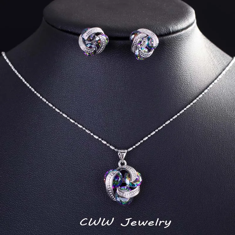 CWWZircons Neue Mode Runde Cut Natürliche Regenbogen Feuer Mystic Kristall Ohrringe Und Halskette Schmuck Sets für Frauen T212