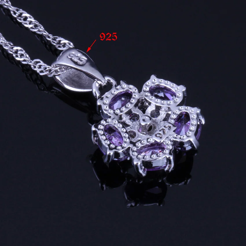 Glamorous Purple Cubic Zirconia White CZ Silver Plated Jewelry Sets Earrings Pendant Chain Ring V0231