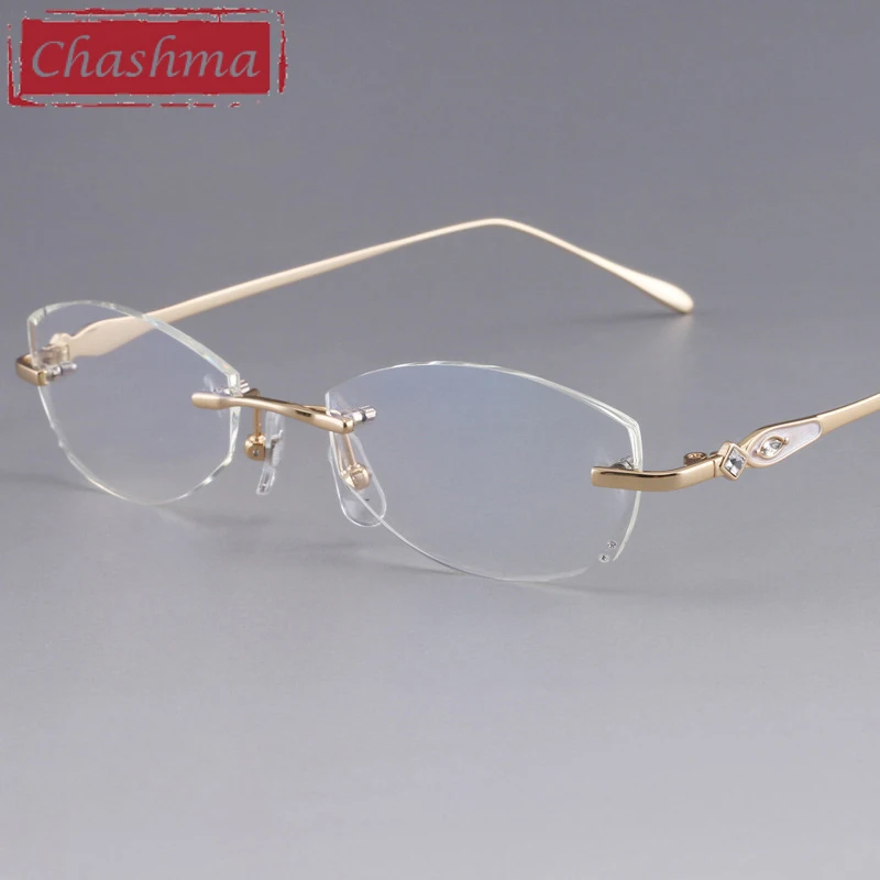 Chashma Designer Eyeglasses Diamond Female Rimless Titanium Glasses Frame Transparent Stone Lenses Women Prescription Spectacles