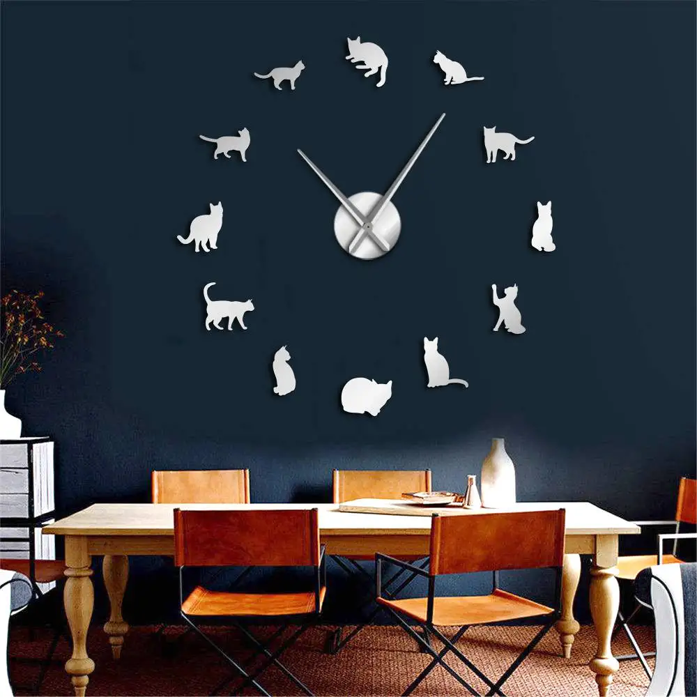 Silhouette Cats Wall Art Kittens DIY Giant Wall Clock Playful Cats Big Needle Kitty Girl Room Large Wall Watch Feline Fan Gift