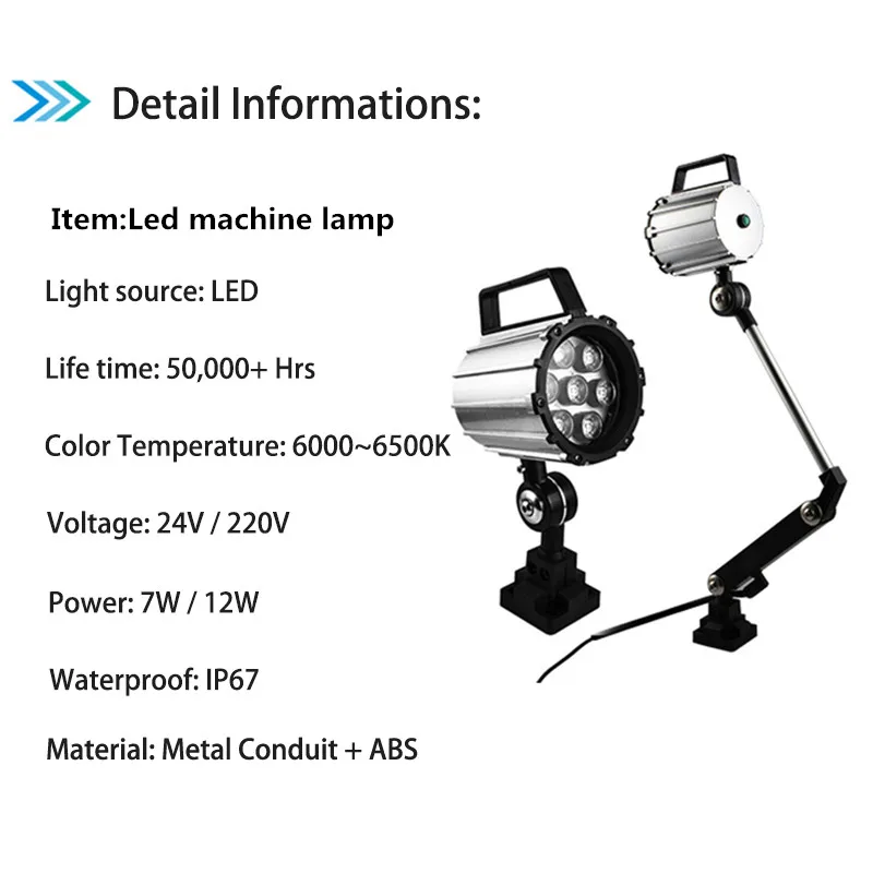 Máquina de luz LED para trabajo Industrial, lámpara de brazo largo, plegable, CE Rohs, resistente al agua IP67, 7W/12W, 24V/220V