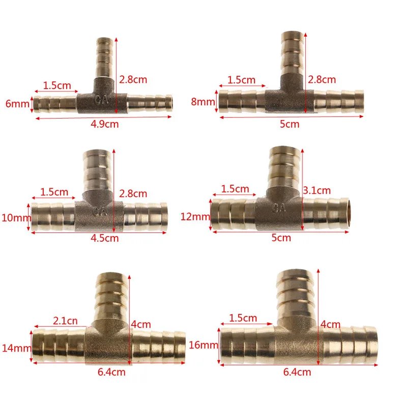 6-16mm Brass T Piece 3 Way Fuel Hose Joiner Connector For Air Oil Gas