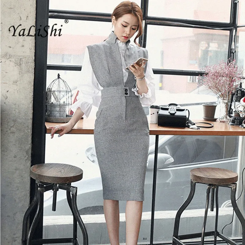 2 Piece Set 2022 Autumn Women Dress Midi Bandage Office Sexy Bodycon Dress Vintage Vestidos Elegent Gray Black Dresses Femme