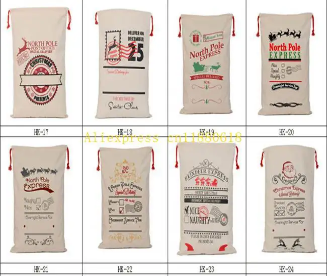 

10pcs/lot New Arrival 8 Styles Xmas Christmas Gift Bag canvas cotton elk Santa Claus Drawstring Bag Gifts Santa Sack bag