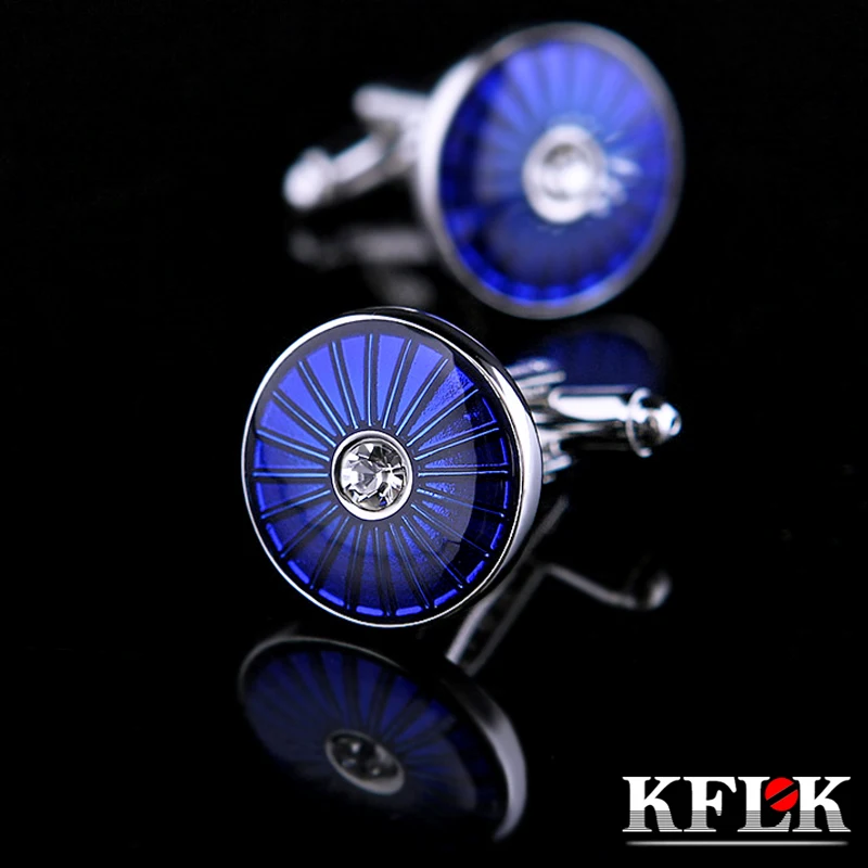 

KFLK Jewelry Fashion French Shirt cufflinks for mens Brand Crystal Cuff links Wholesale Button Blue High Quality guests