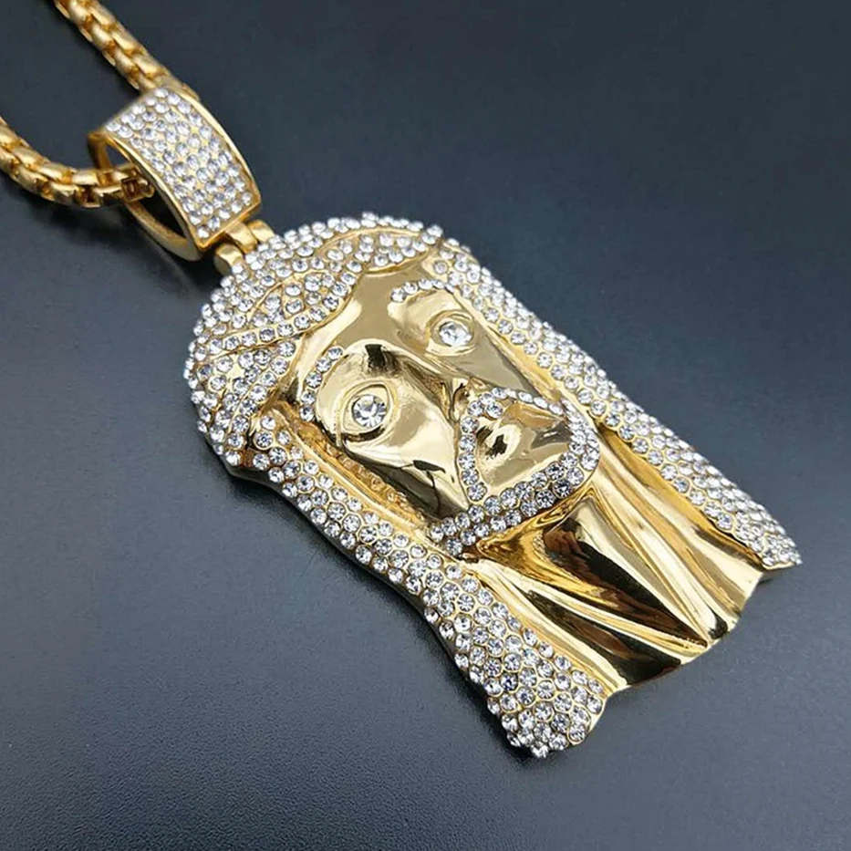 Golden Big Jesus Christ Head Stainless Steel Necklace Pendant With Chain For Men Iced Out Rhinestones Hip Hop Christian Jewelry