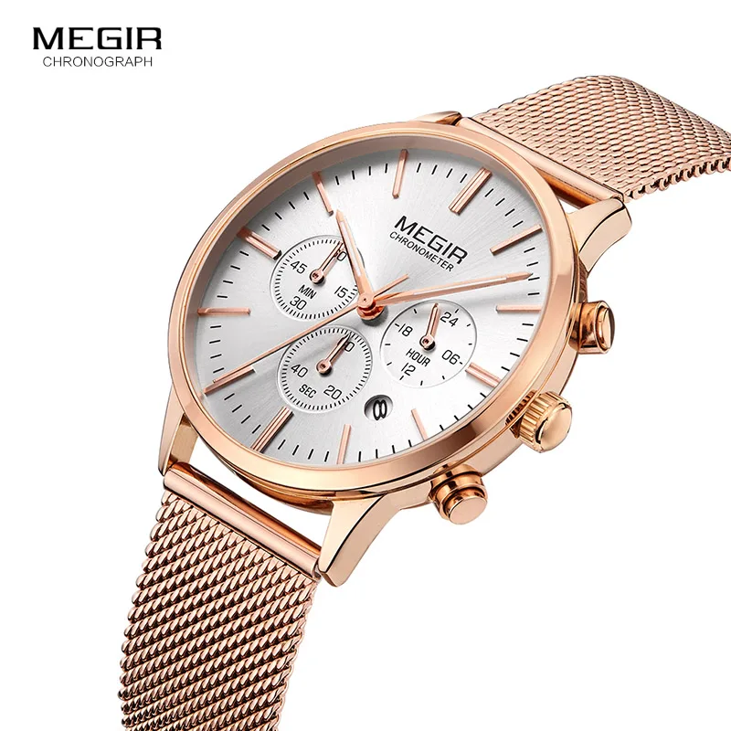 MEGIR Women Stainless Steel Mesh Bracelete Quartz Watches Chronograph 24 Hours Date Display Analogue Wristwatch for Lady 2011L