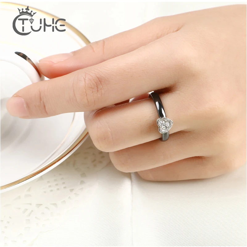 New Crystal Love Heart Ceramic Rings For Women Mother Gift Thin 3mm Width Real Carat Heart Jewelry Ring Original Wedding Jewelry