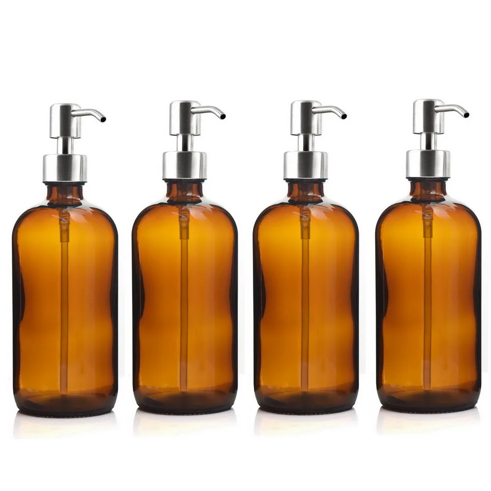 4pcs 500ml Amber Glass Pump Bottle with Black Stainless Steel Lotion for Bathroom Essential Oils Shampoo Liquid Soap Dispenser