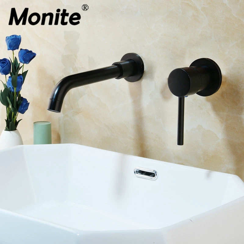 Monite Solid Brass Black Joint Pipe Wall Mounted Bathroom Bathtub Shower Faucet Mixer Tap 1 Handle 2 Pcs Faucets Mixer Tap