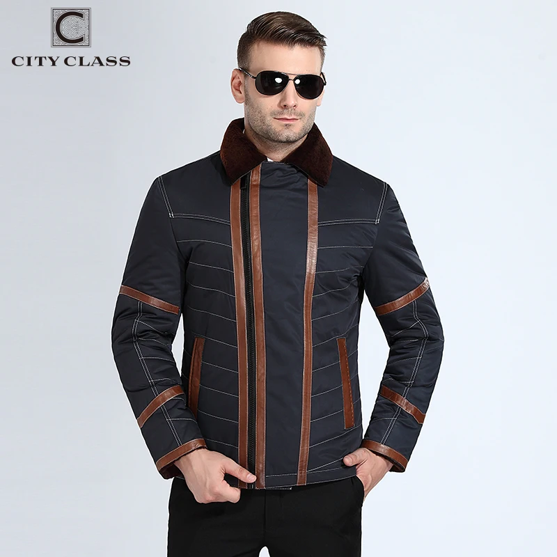 CITY CLASS New Thick Warm Winter Jacket Men Overcoat Fashion Nick Sheared Sheep Skin Suit Collar With Leather blue 14-310(G)