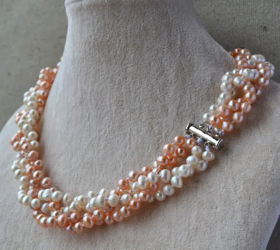 100% Real Pearl Necklace,18 Inches 4 Rows 6-7mm White And Pink Color Freshwater Pearl Necklace,Wedding Party Jewelry.