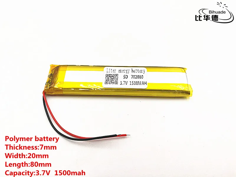 

2pcs/lot Good Qulity 3.7V,1500mAH,702080 Polymer lithium ion / Li-ion battery for TOY,POWER BANK,GPS,mp3,mp4