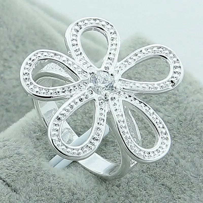 High Quality 925 Silver Rings Fashion Elegant Petals Flower Rings Wedding Rings Silver Color Jewelry Accessories