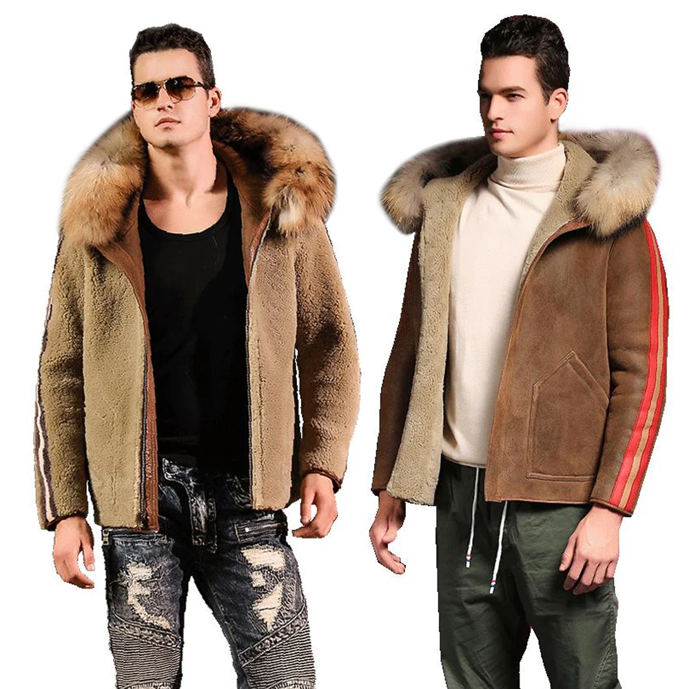 LUHAYESA Reversible Sheepskin Fur Coat Genuine Full Pelt Sheep Shearling Male Jacket Caramel Warm Men Fur Outwear Big Size