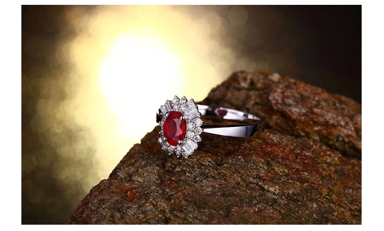 CaiMao 18KT/750 White  Gold 0.65 ct Natural Red Blood Ruby & 0.40 ct Full Cut Diamond Engagement Gemstone Ring Jewelry